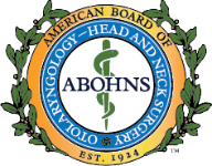 Seal of the American Board of Otolaryngology – Head and Neck Surgery, featuring a staff and serpent symbol, surrounded by a laurel wreath and organization name.
