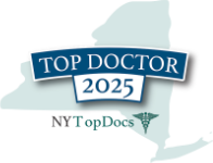 Logo featuring "Top Doctor 2025" text over a silhouette of New York State with "NY Top Docs" and a medical caduceus symbol below.