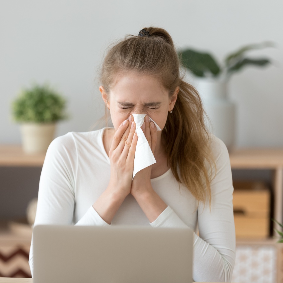 Ill young woman caught cold sneezing in tissue at home or in office, sick allergic girl blowing wiping running nose got flu rhinitis sinusitis coughing, having seasonal allergy symptoms at workplace
