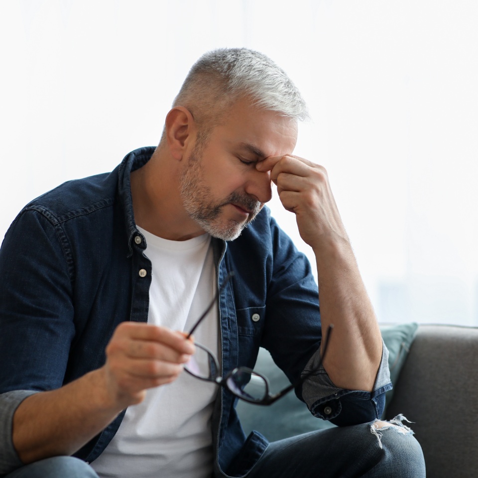 Tired senior man removing glasses, rubbing nose bridge, having tired eyes syndrom after working, reading or using gadgets. Matured man sitting on couch in living room at home, copy space