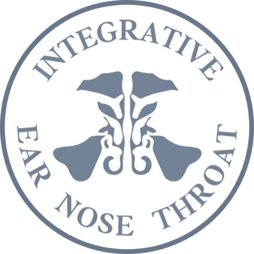 A circular logo with the words "INTEGRATIVE EAR NOSE THROAT" surrounding a stylized illustration of two flowers in the center.