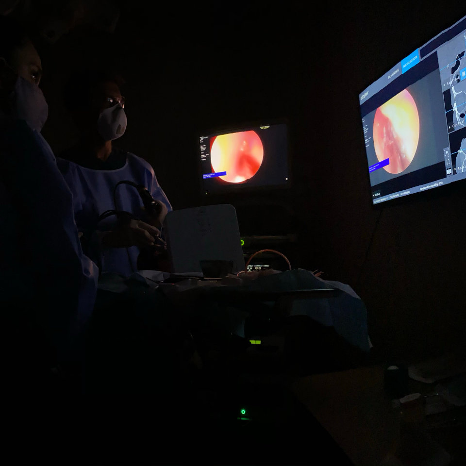 Two medical professionals in masks perform an endoscopic procedure in a dark room, monitoring images of an internal organ displayed on screens.